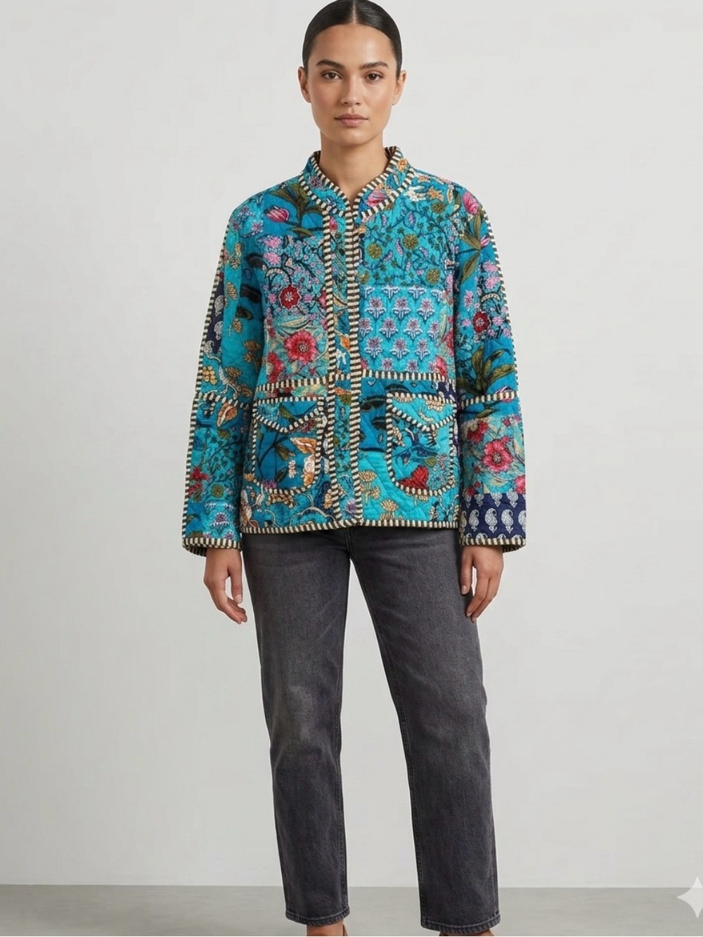 New Quilted Cotton Jacket Turquoise Mix M